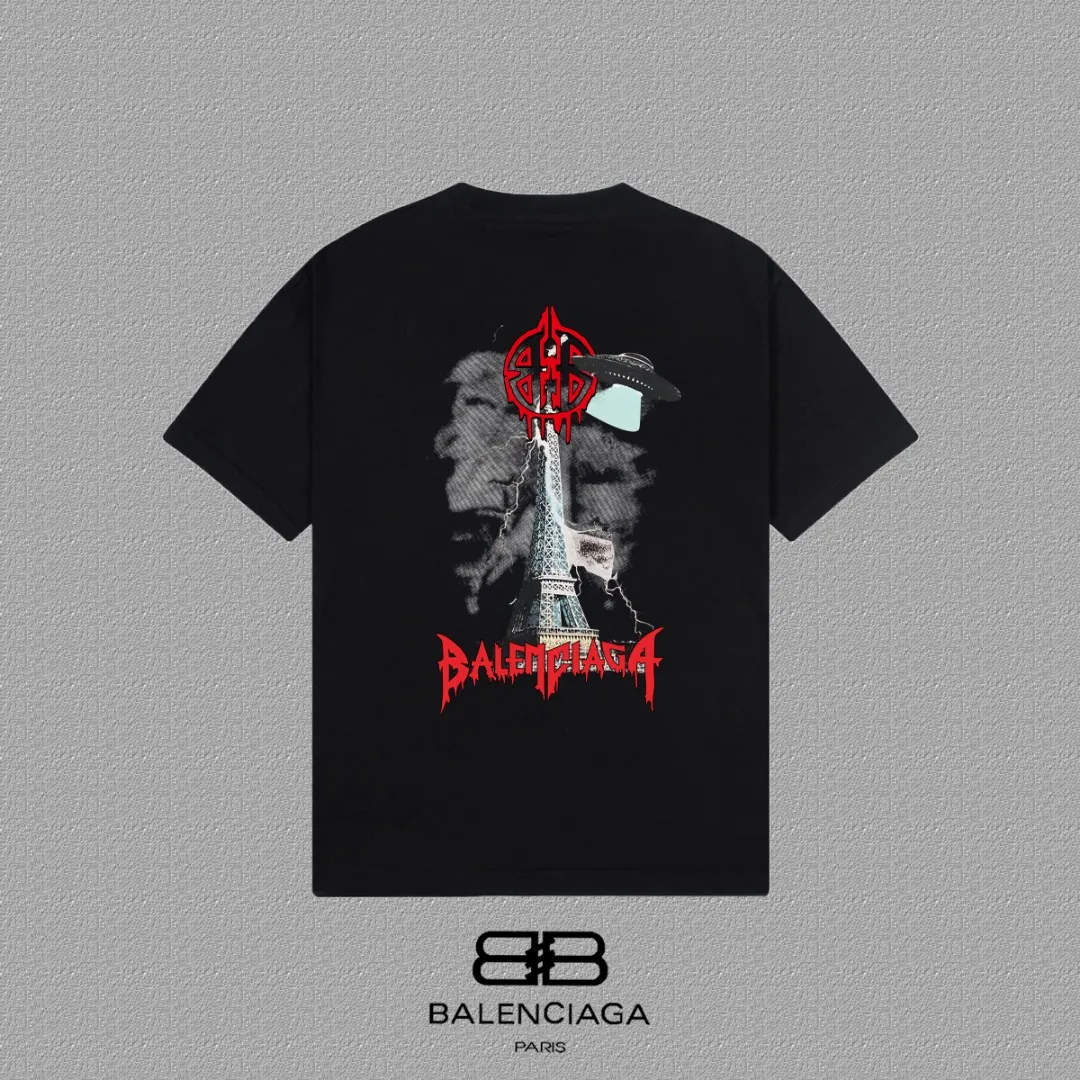 P80✨🔥 BALENCIAGA Paris lettering printed short-sleeved T-shirt. Custom-woven and dyed 300 grams of combed cotton heavyweight fabric. Zero color difference in threads. Perfect details. Different from the current currency version. Welcome to compare. Same Style for men and women. Must-sell in the picture above. Color: White Black Size: 1 2 3 4